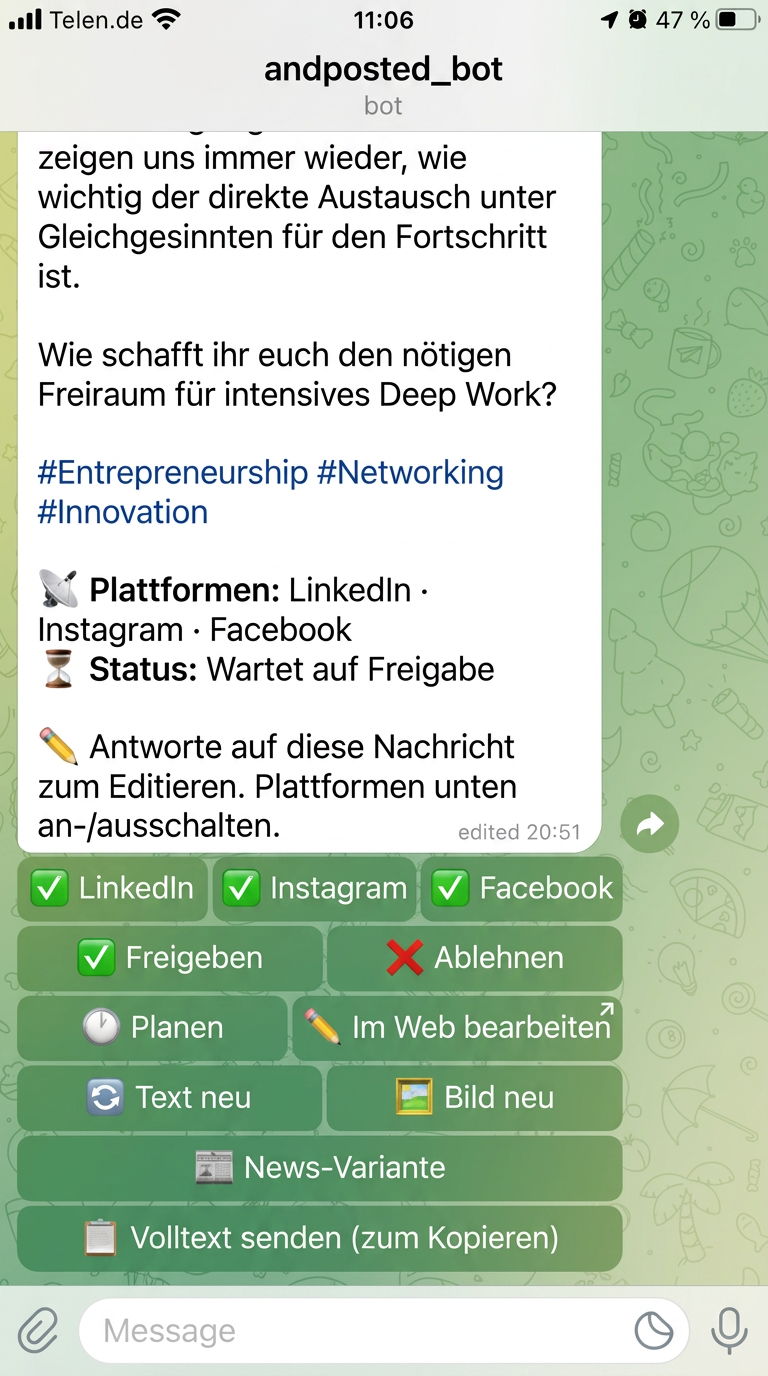 Telegram-Chat mit Freigabe-Buttons: Freigeben, Ablehnen, Planen, Text neu, Bild neu