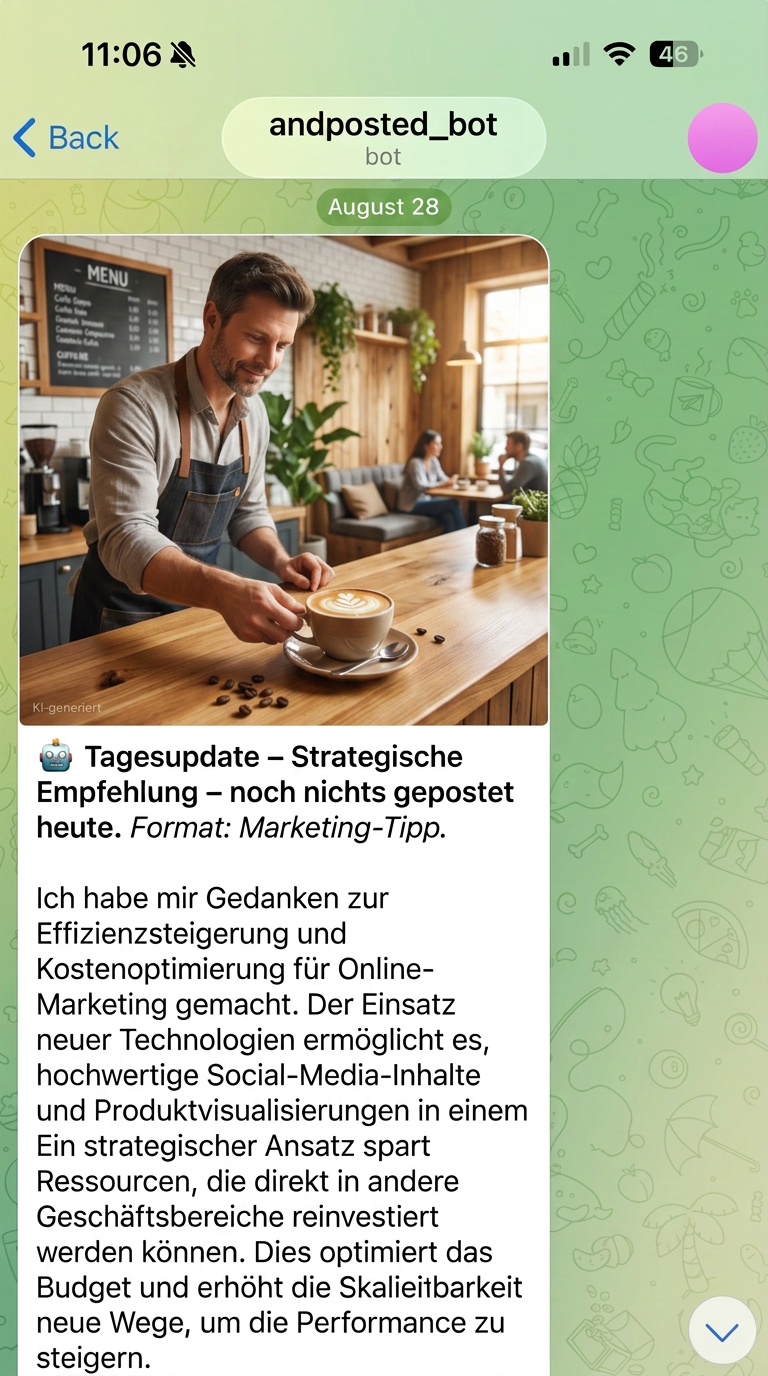 Telegram-Chat mit einem fertigen Post-Vorschlag inklusive Bild