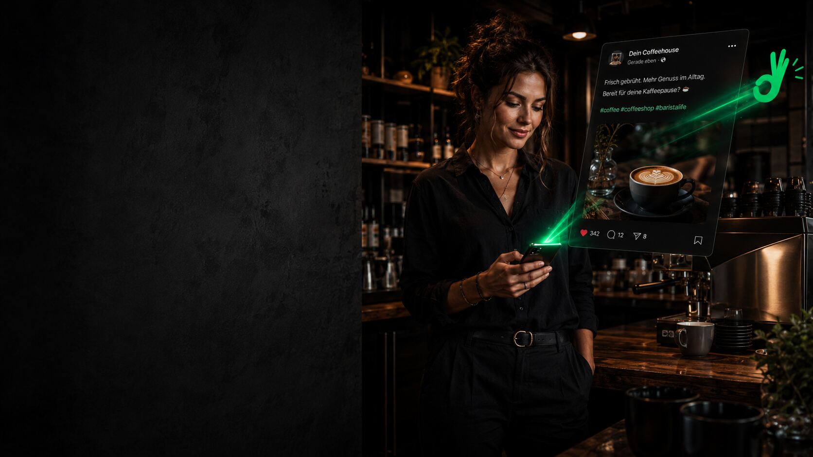 Barista in einem Coffeeshop postet automatisch auf Social Media