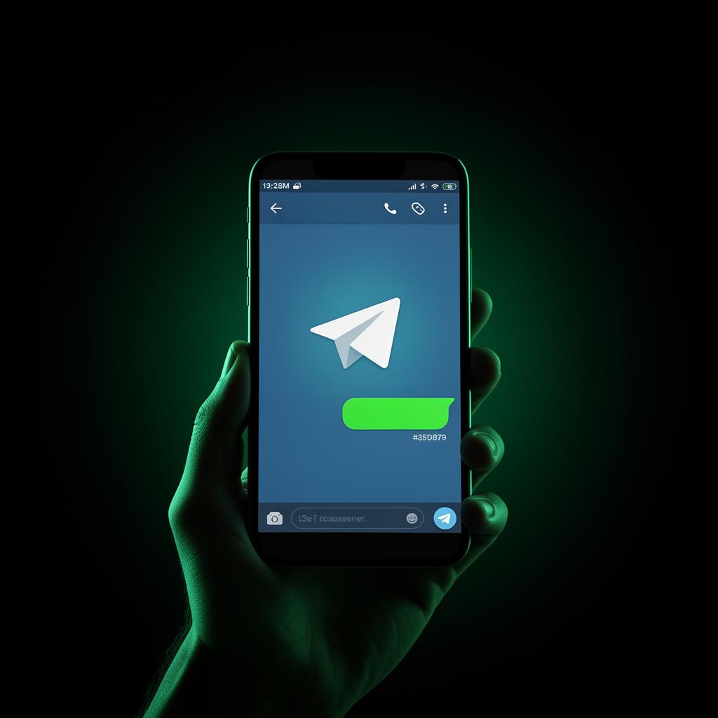 Smartphone in einer Hand sendet ein Foto via Telegram, neon-grüne Chatbubble