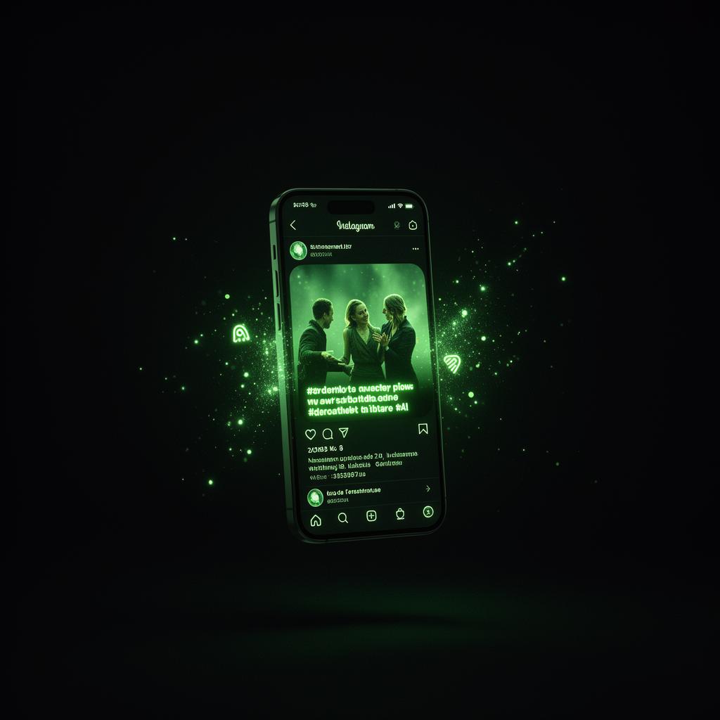 Schwebendes Smartphone mit AI-generiertem Social-Post in grünem Glow
